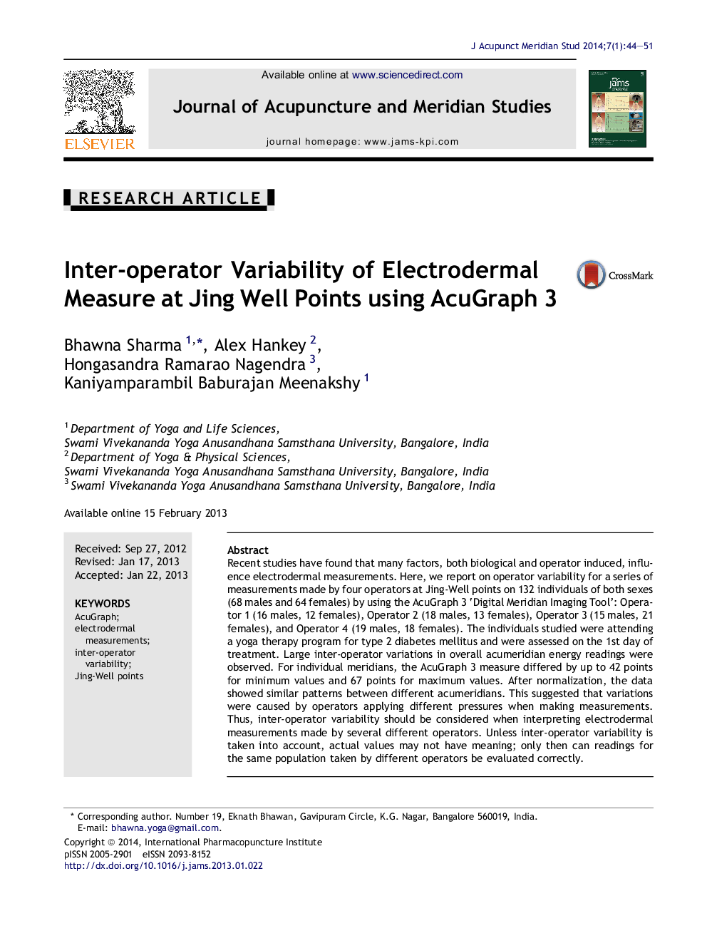 عکس صفحه اول مقاله: Inter-operator Variability of Electrodermal Measure at Jing Well Points using AcuGraph 3 Inter-operator Variability of Electrodermal Measure at Jing Well Points using AcuGraph 3