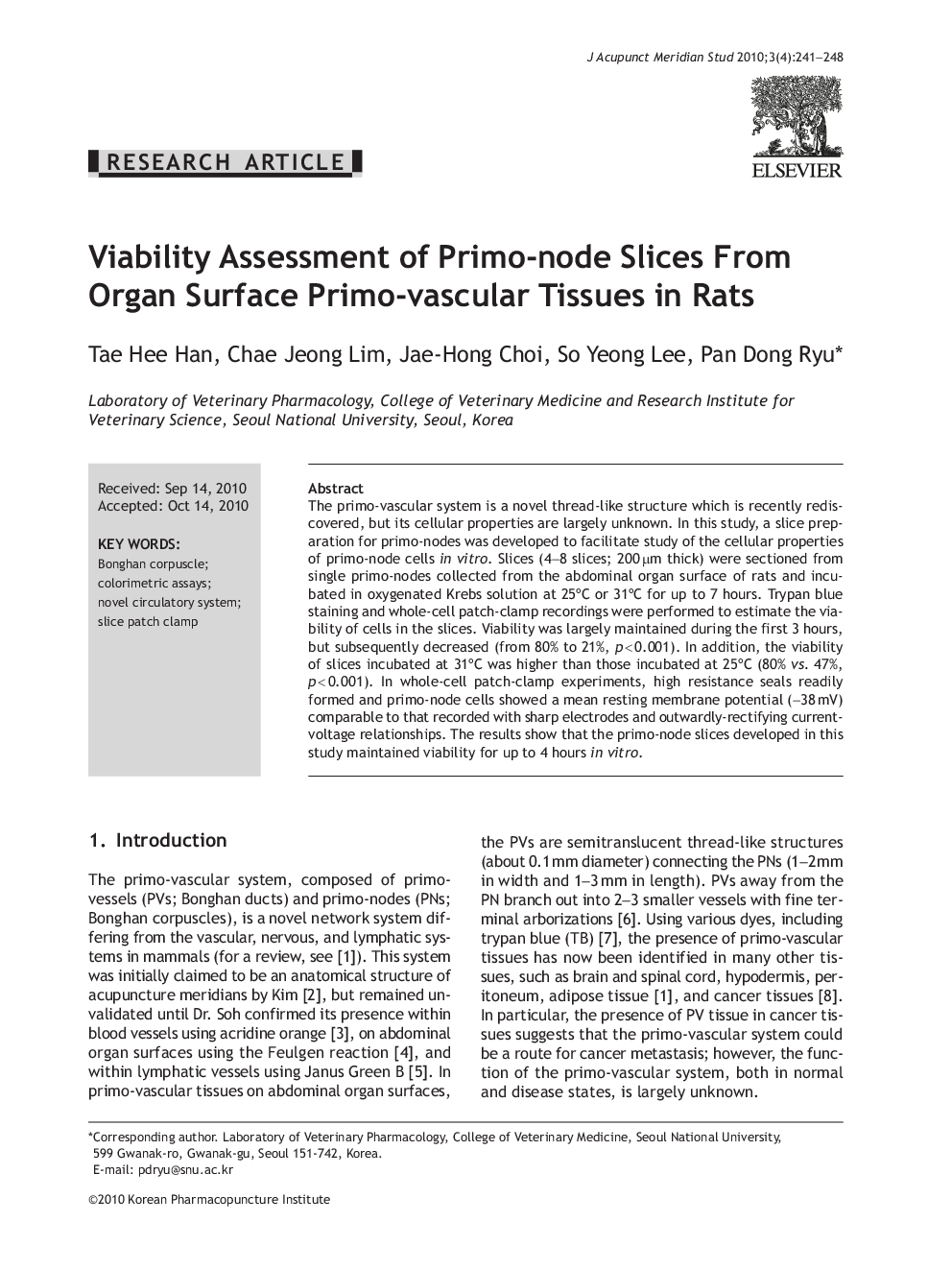 Viability Assessment of Primo-node Slices From Organ Surface Primo-vascular Tissues in Rats