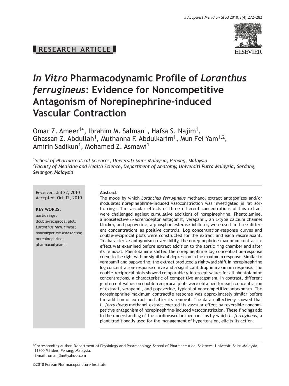 In Vitro Pharmacodynamic Profile of Loranthus ferrugineus: Evidence for Noncompetitive Antagonism of Norepinephrine-induced Vascular Contraction