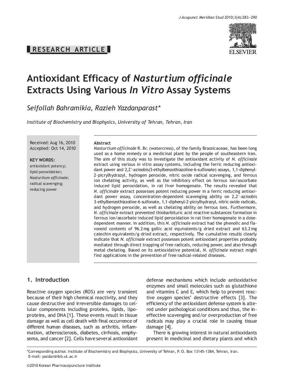 Antioxidant Efficacy of Nasturtium officinale Extracts Using Various In Vitro Assay Systems