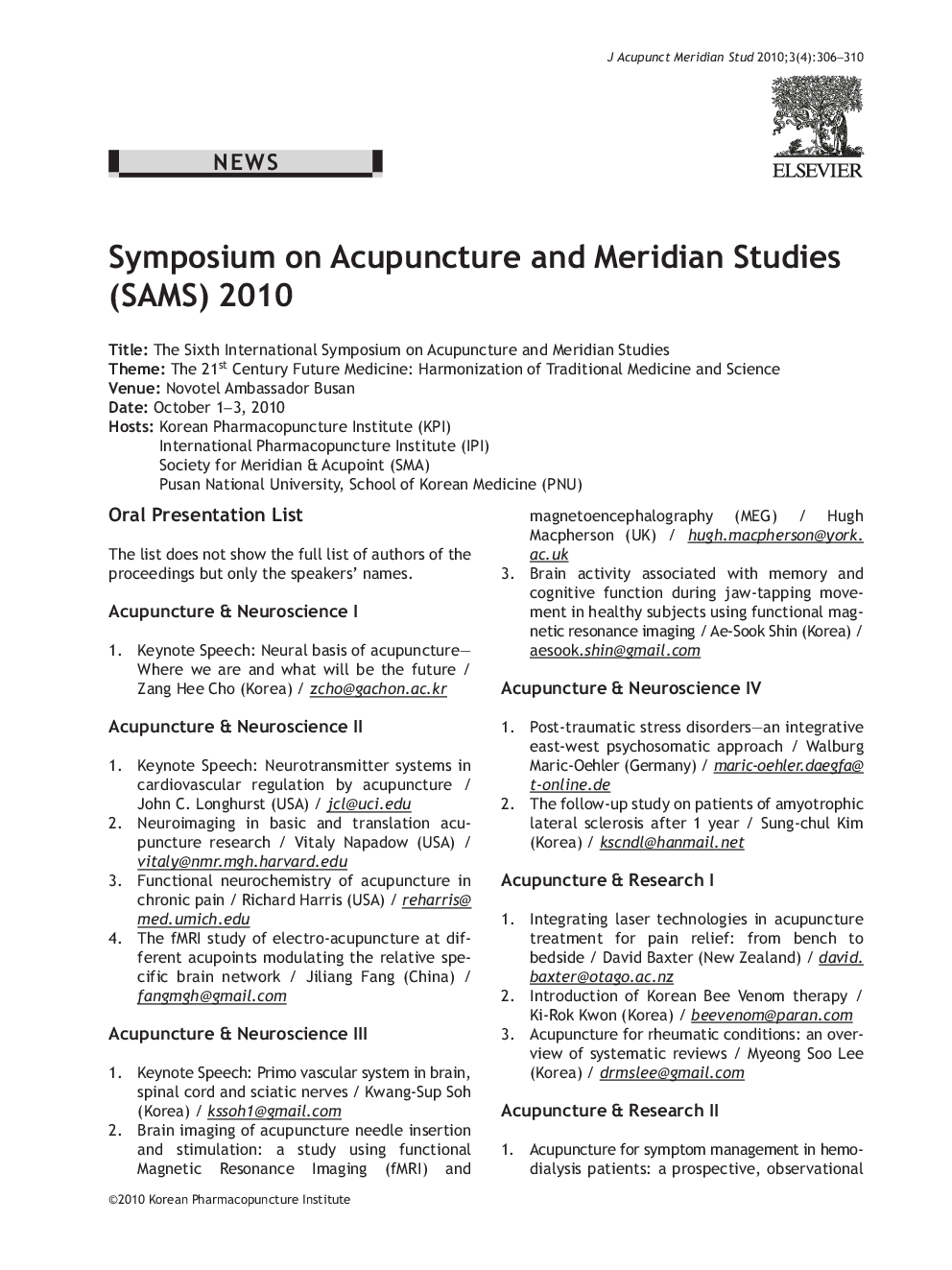 Symposium on Acupuncture and Meridian Studies (SAMS) 2010
