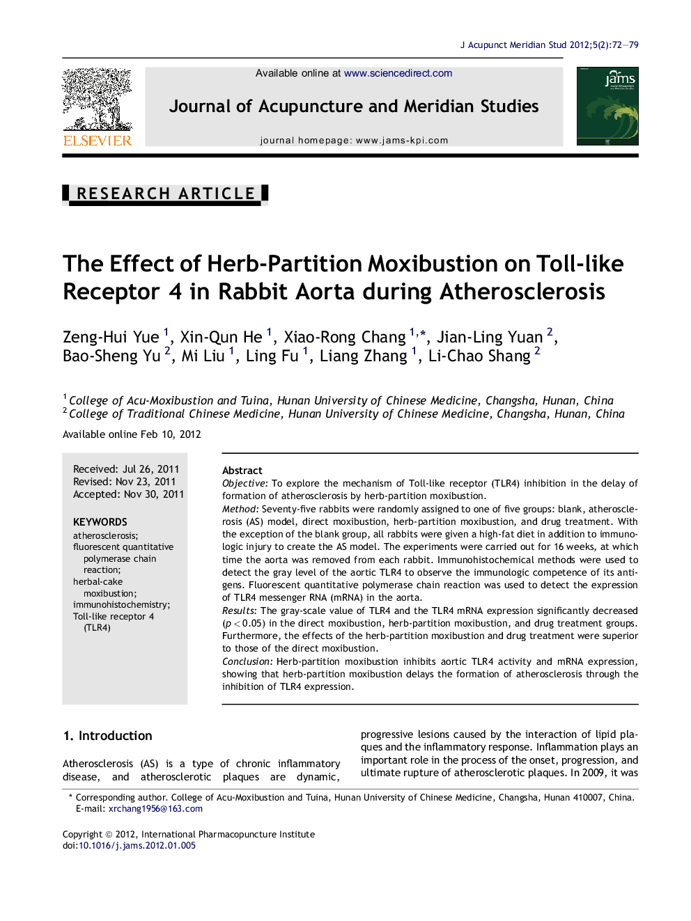 The Effect of Herb-Partition Moxibustion on Toll-like Receptor 4 in Rabbit Aorta during Atherosclerosis