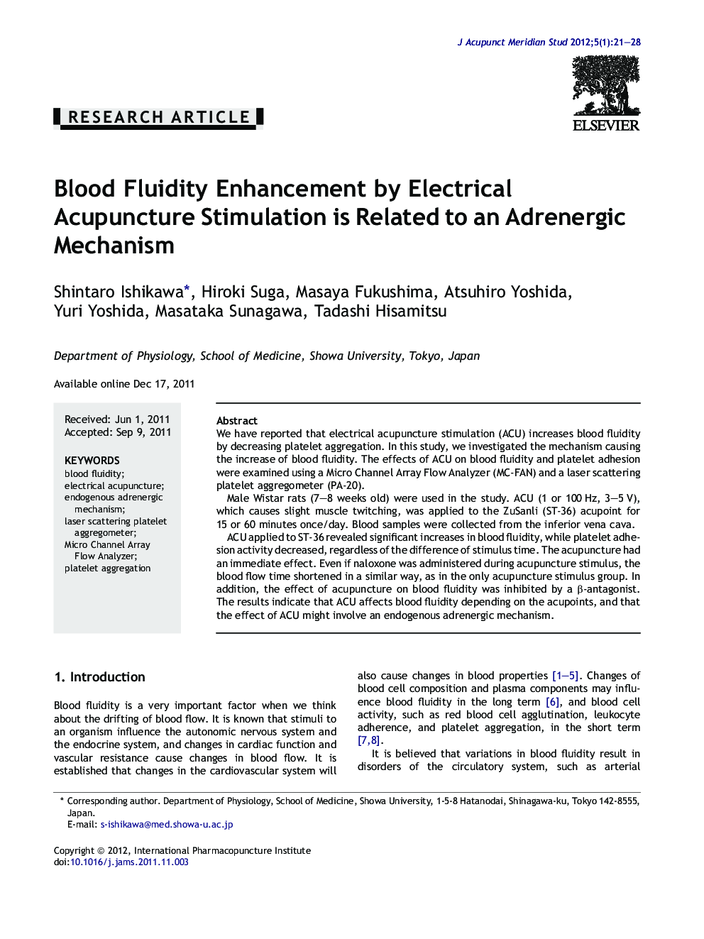 Blood Fluidity Enhancement by Electrical Acupuncture Stimulation is Related to an Adrenergic Mechanism