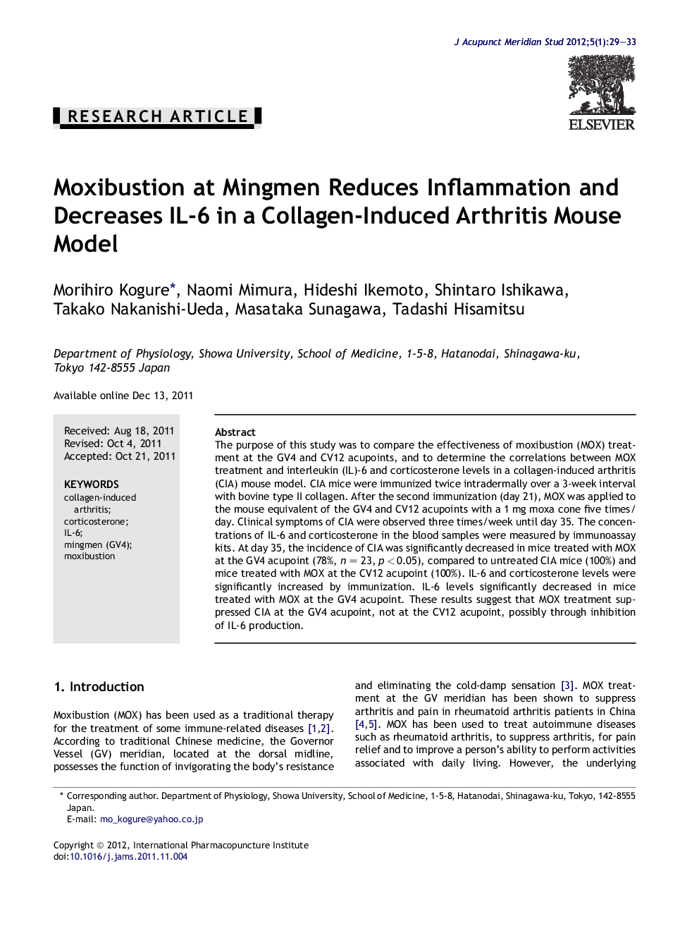 Moxibustion at Mingmen Reduces Inflammation and Decreases IL-6 in a Collagen-Induced Arthritis Mouse Model
