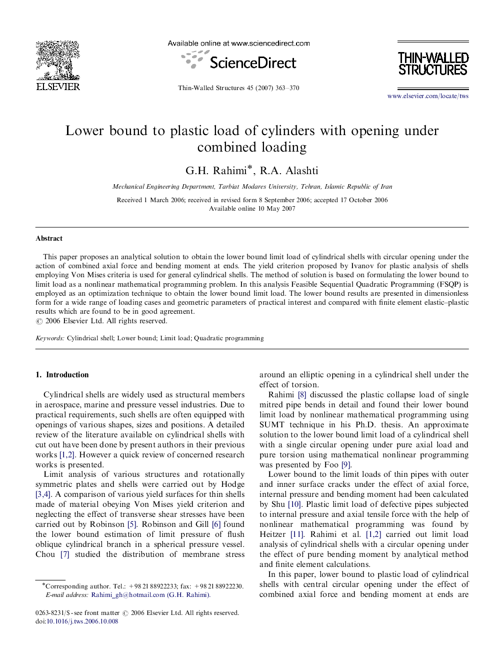 Lower bound to plastic load of cylinders with opening under combined loading