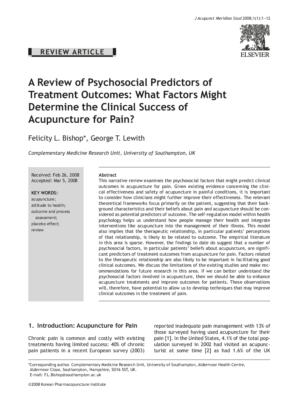 A Review of Psychosocial Predictors of Treatment Outcomes: What Factors Might Determine the Clinical Success of Acupuncture for Pain?