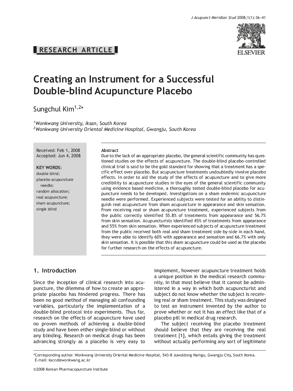 Creating an Instrument for a Successful Double-blind Acupuncture Placebo