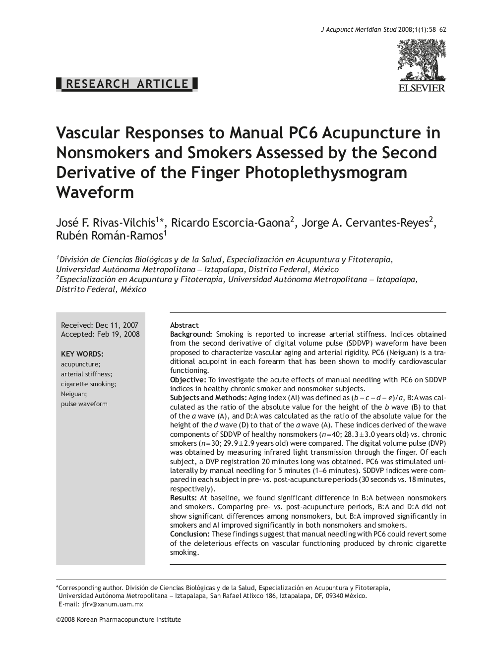 Vascular Responses to Manual PC6 Acupuncture in Nonsmokers and Smokers Assessed by the Second Derivative of the Finger Photoplethysmogram Waveform