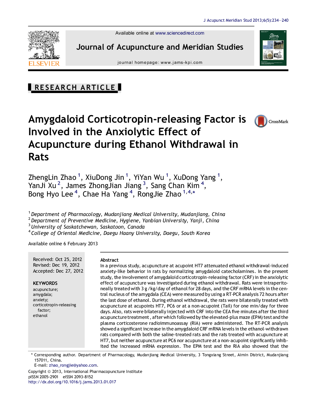 Amygdaloid Corticotropin-releasing Factor is Involved in the Anxiolytic Effect of Acupuncture during Ethanol Withdrawal in Rats