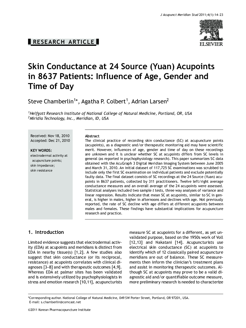 Skin Conductance at 24 Source (Yuan) Acupoints in 8637 Patients: Influence of Age, Gender and Time of Day