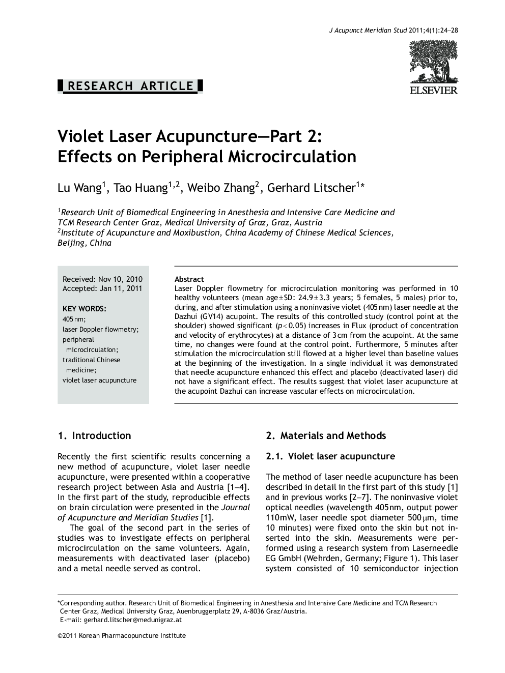 Violet Laser Acupuncture—Part 2: Effects on Peripheral Microcirculation