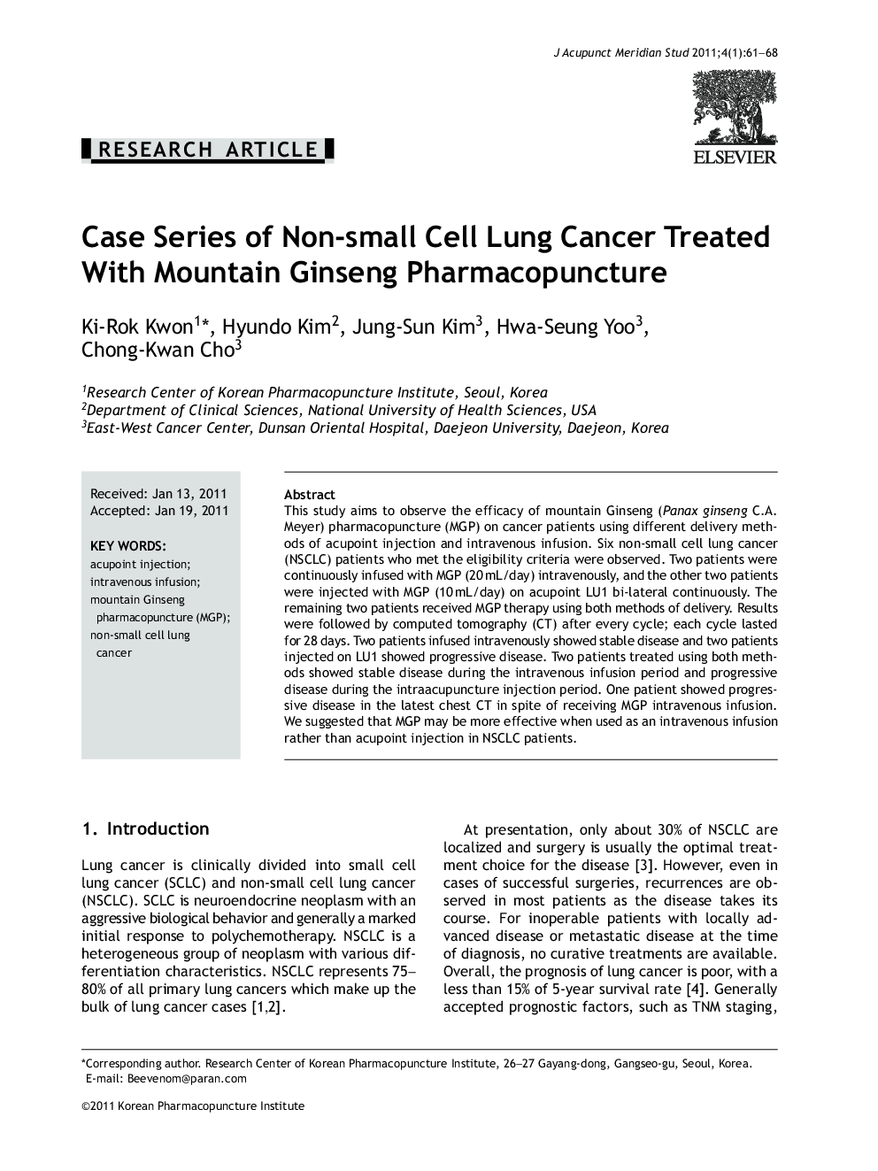 Case Series of Non-small Cell Lung Cancer Treated With Mountain Ginseng Pharmacopuncture