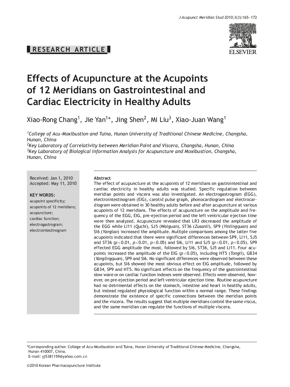 Effects of Acupuncture at the Acupoints of 12 Meridians on Gastrointestinal and Cardiac Electricity in Healthy Adults