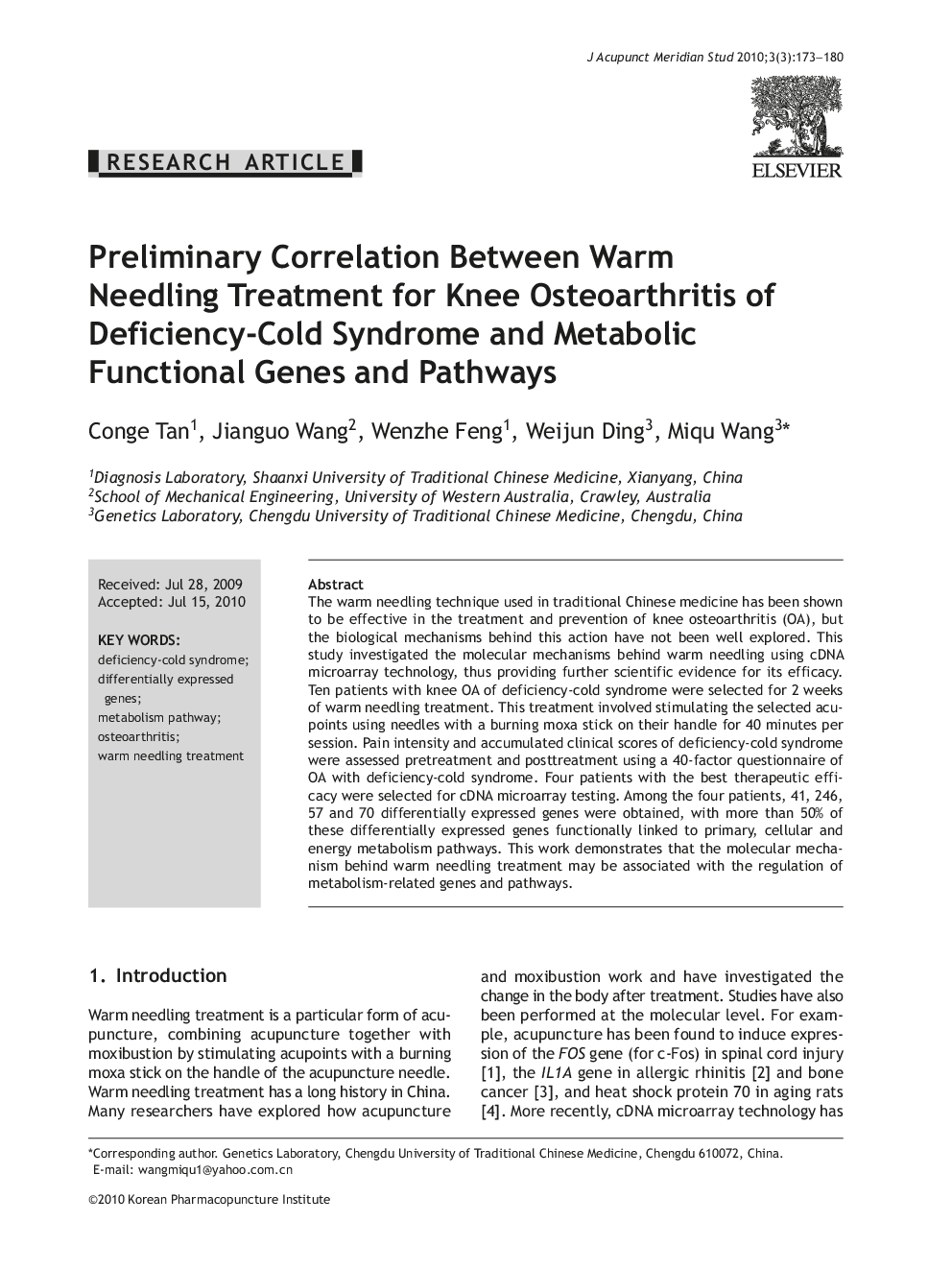 Preliminary Correlation Between Warm Needling Treatment for Knee Osteoarthritis of Deficiency-Cold Syndrome and Metabolic Functional Genes and Pathways
