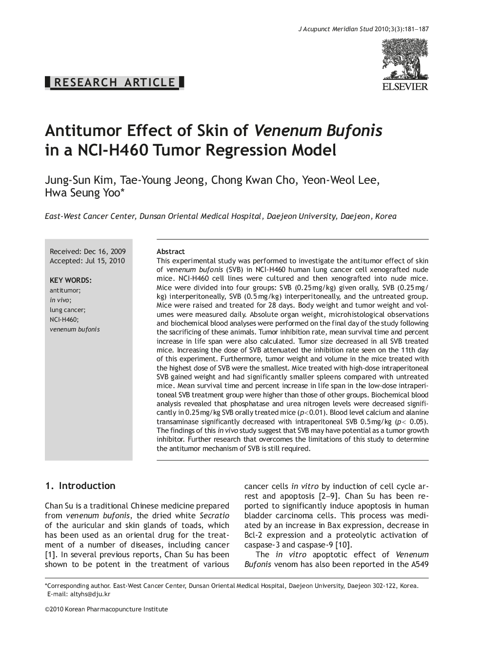 Antitumor Effect of Skin of Venenum Bufonis in a NCI-H460 Tumor Regression Model