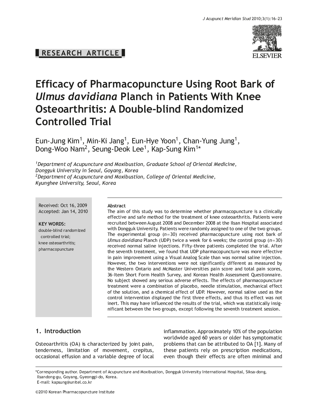Efficacy of Pharmacopuncture Using Root Bark of Ulmus davidiana Planch in Patients With Knee Osteoarthritis: A Double-blind Randomized Controlled Trial