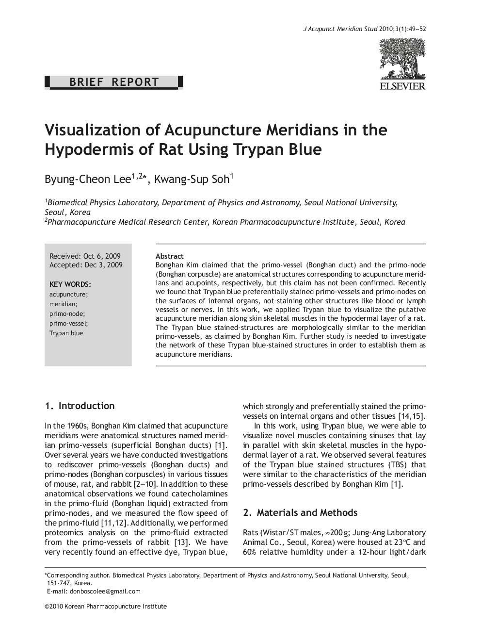 Visualization of Acupuncture Meridians in the Hypodermis of Rat Using Trypan Blue