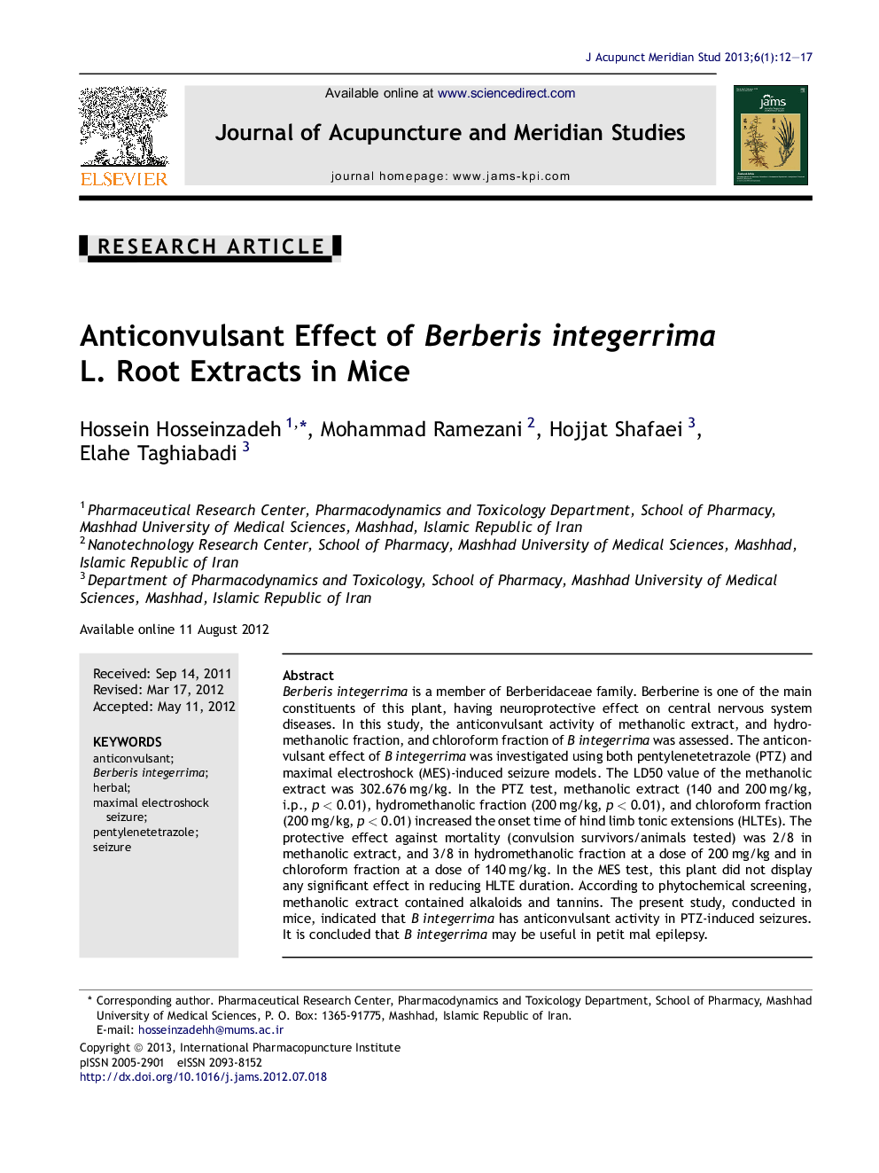 Anticonvulsant Effect of Berberis integerrima L. Root Extracts in Mice