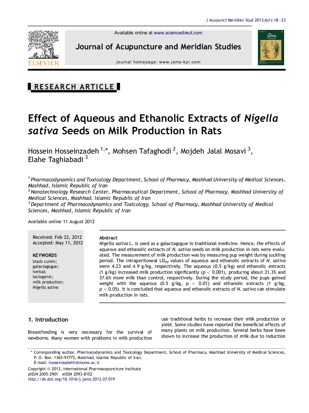 Effect of Aqueous and Ethanolic Extracts of Nigella sativa Seeds on Milk Production in Rats