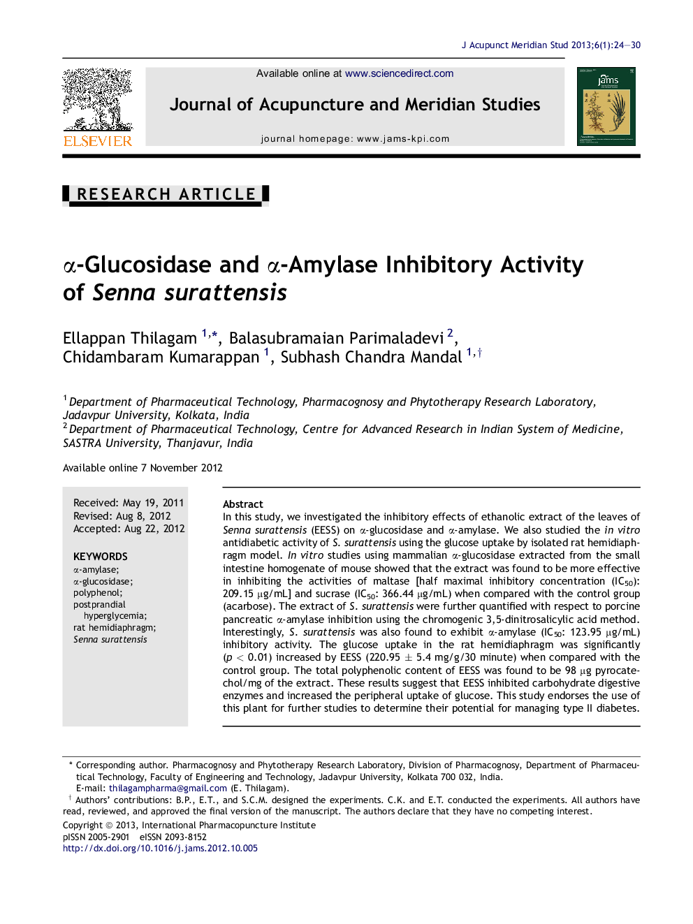 α-Glucosidase and α-Amylase Inhibitory Activity of Senna surattensis