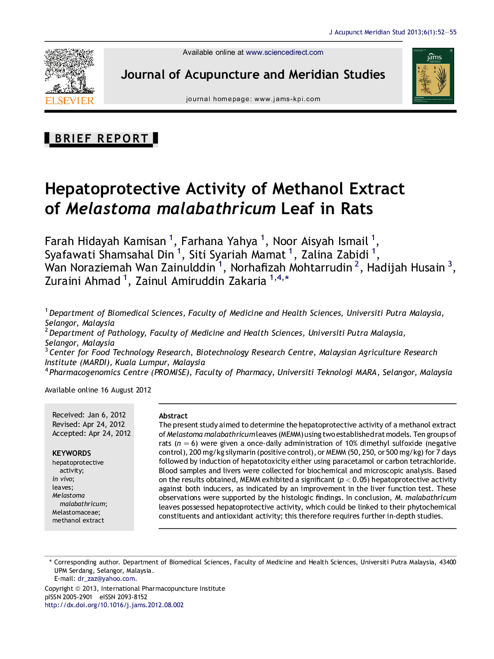 Hepatoprotective Activity of Methanol Extract of Melastoma malabathricum Leaf in Rats