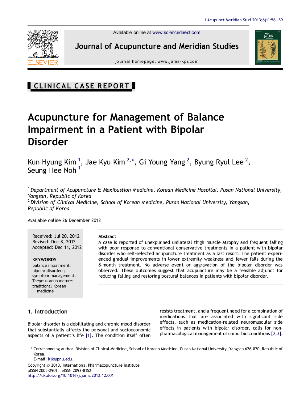 Acupuncture for Management of Balance Impairment in a Patient with Bipolar Disorder