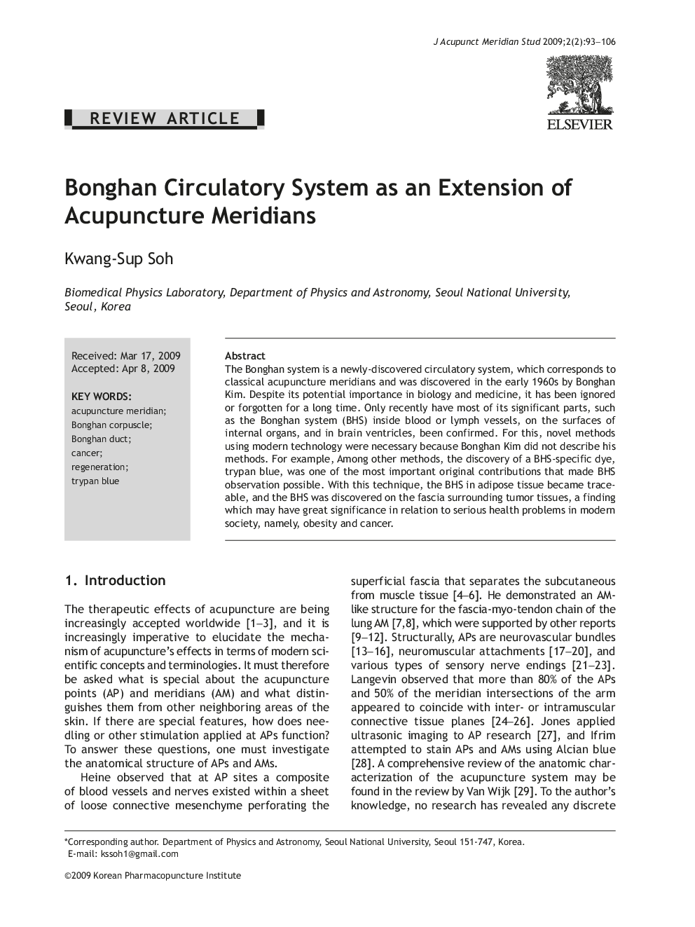Bonghan Circulatory System as an Extension of Acupuncture Meridians