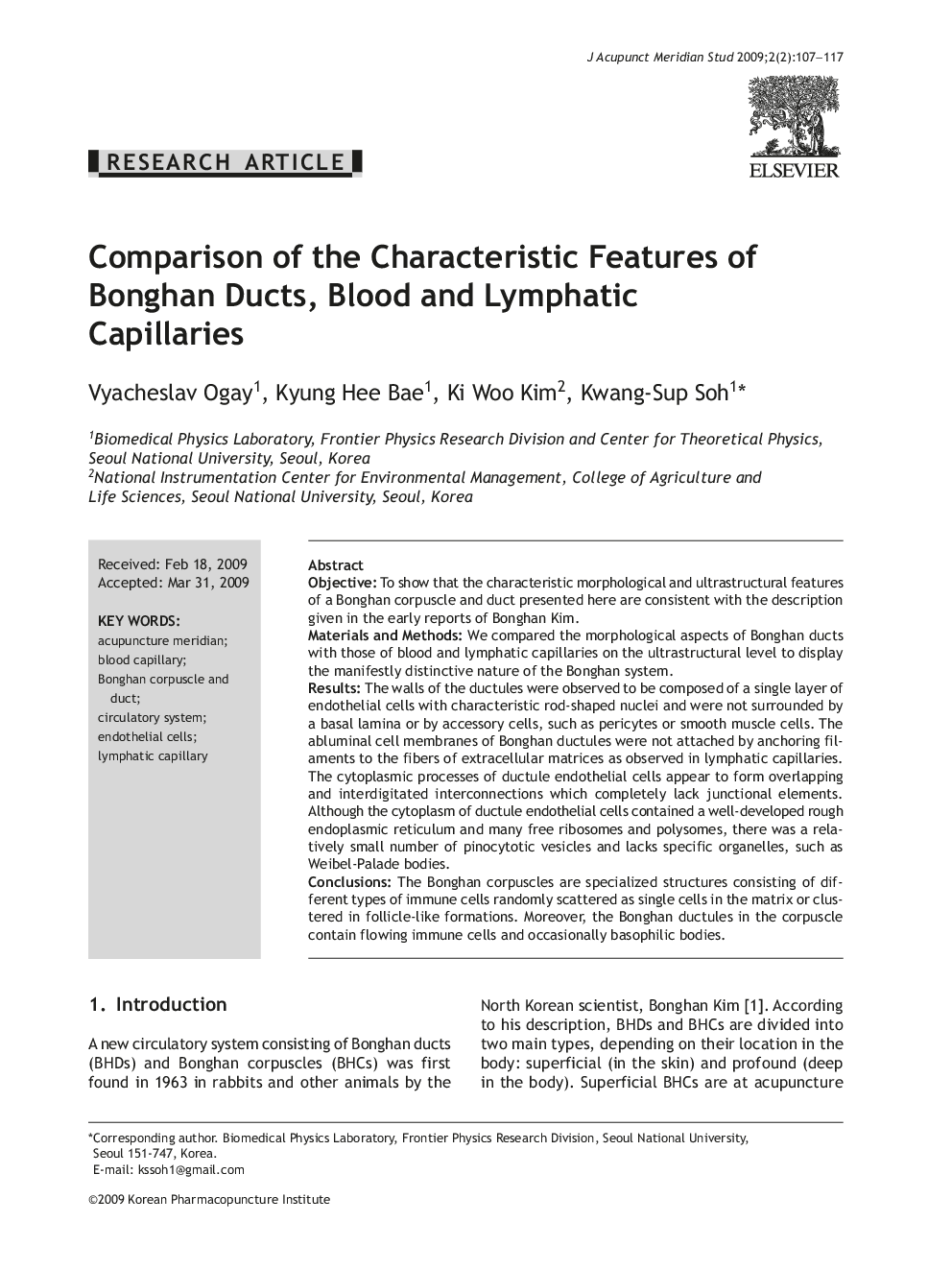 Comparison of the Characteristic Features of Bonghan Ducts, Blood and Lymphatic Capillaries