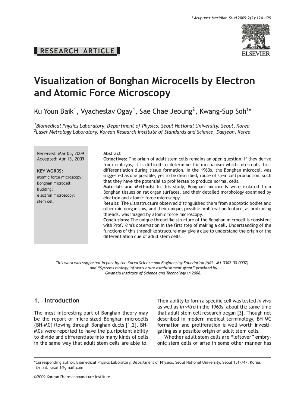 Visualization of Bonghan Microcells by Electron and Atomic Force Microscopy 