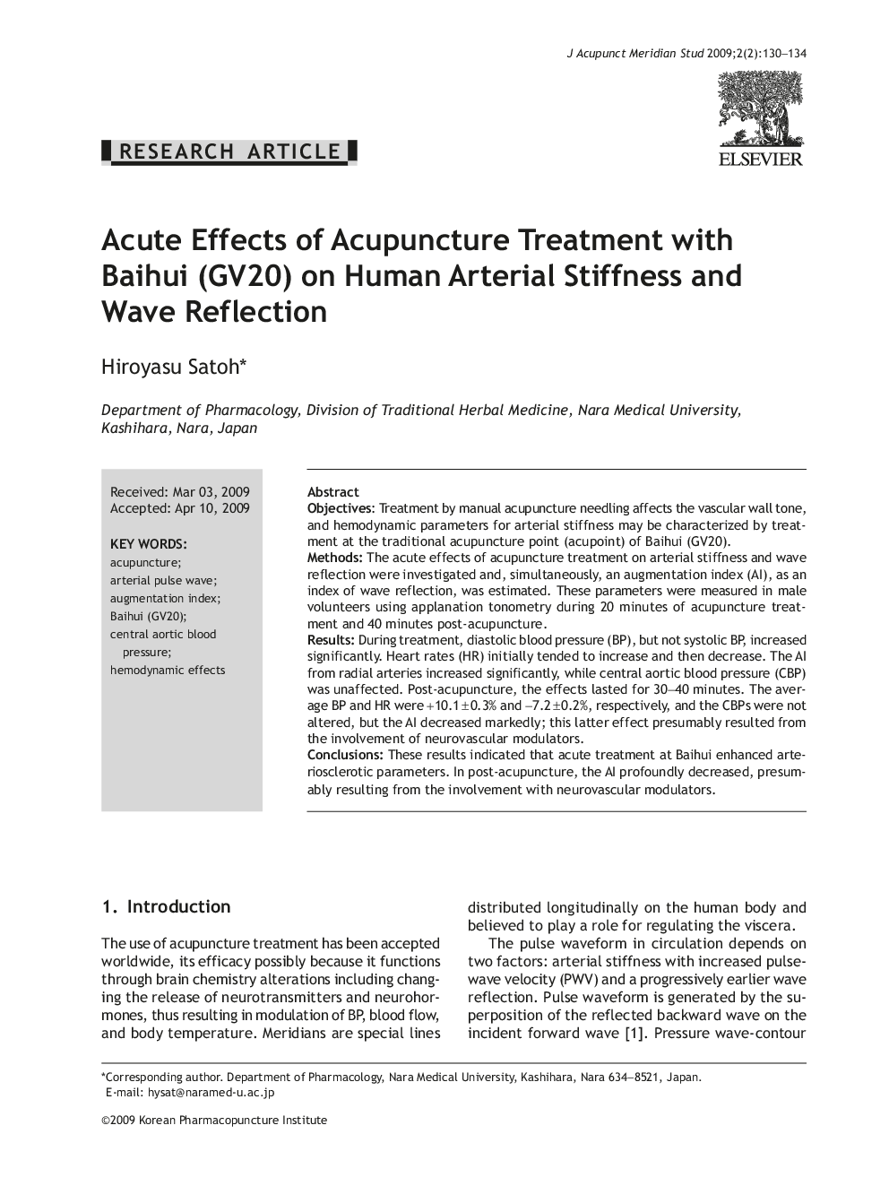 Acute Effects of Acupuncture Treatment with Baihui (GV20) on Human Arterial Stiffness and Wave Reflection