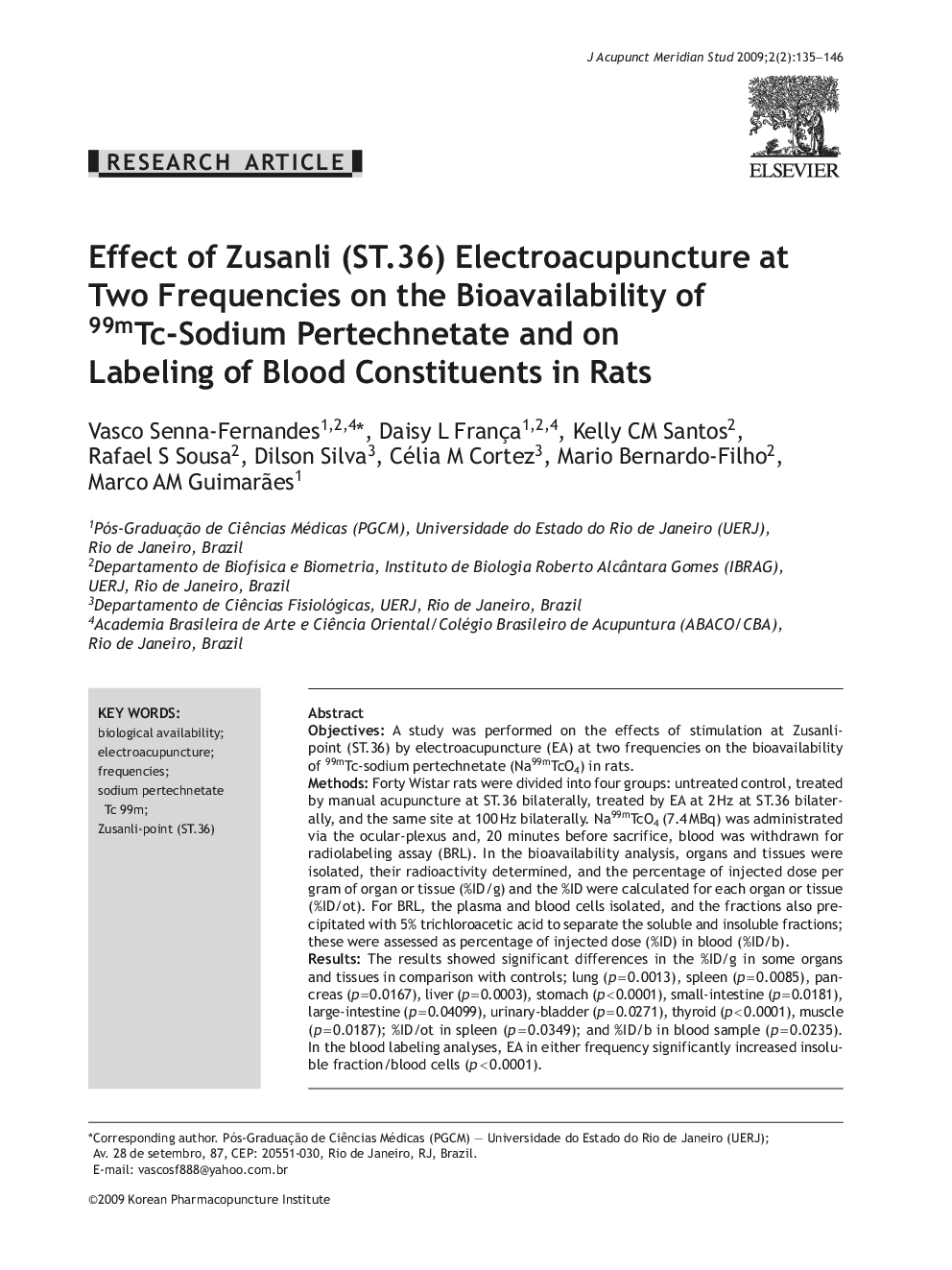 Effect of Zusanli (ST.36) Electroacupuncture at Two Frequencies on the Bioavailability of 99mTc-Sodium Pertechnetate and on Labeling of Blood Constituents in Rats