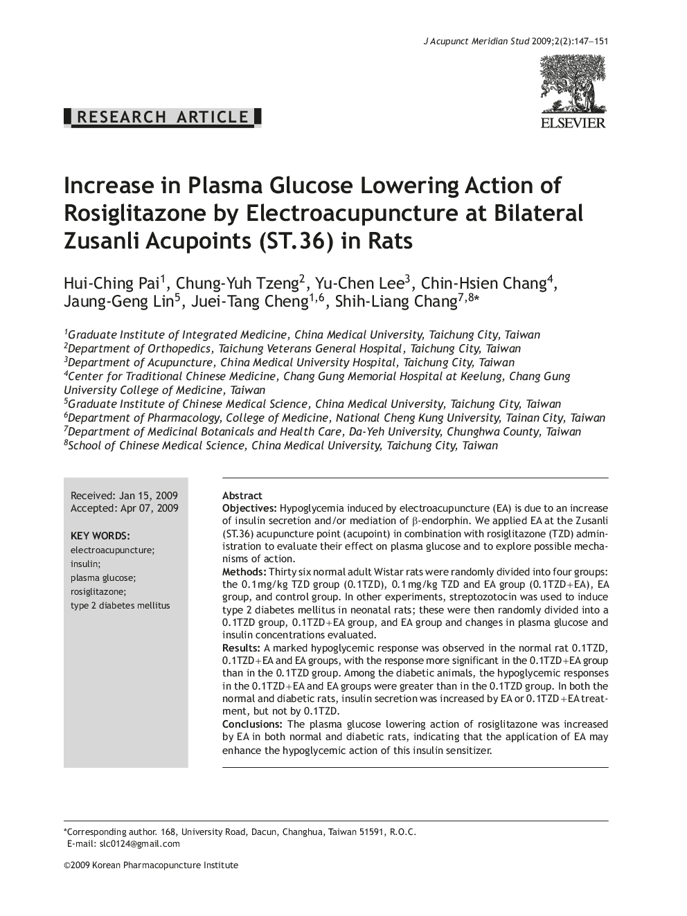 Increase in Plasma Glucose Lowering Action of Rosiglitazone by Electroacupuncture at Bilateral Zusanli Acupoints (ST.36) in Rats