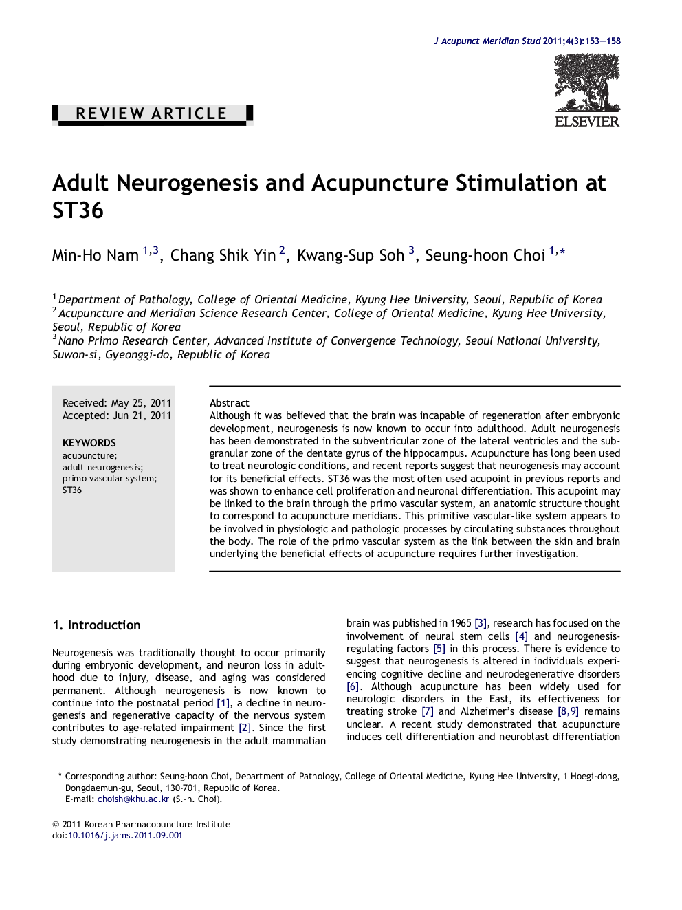 Adult Neurogenesis and Acupuncture Stimulation at ST36