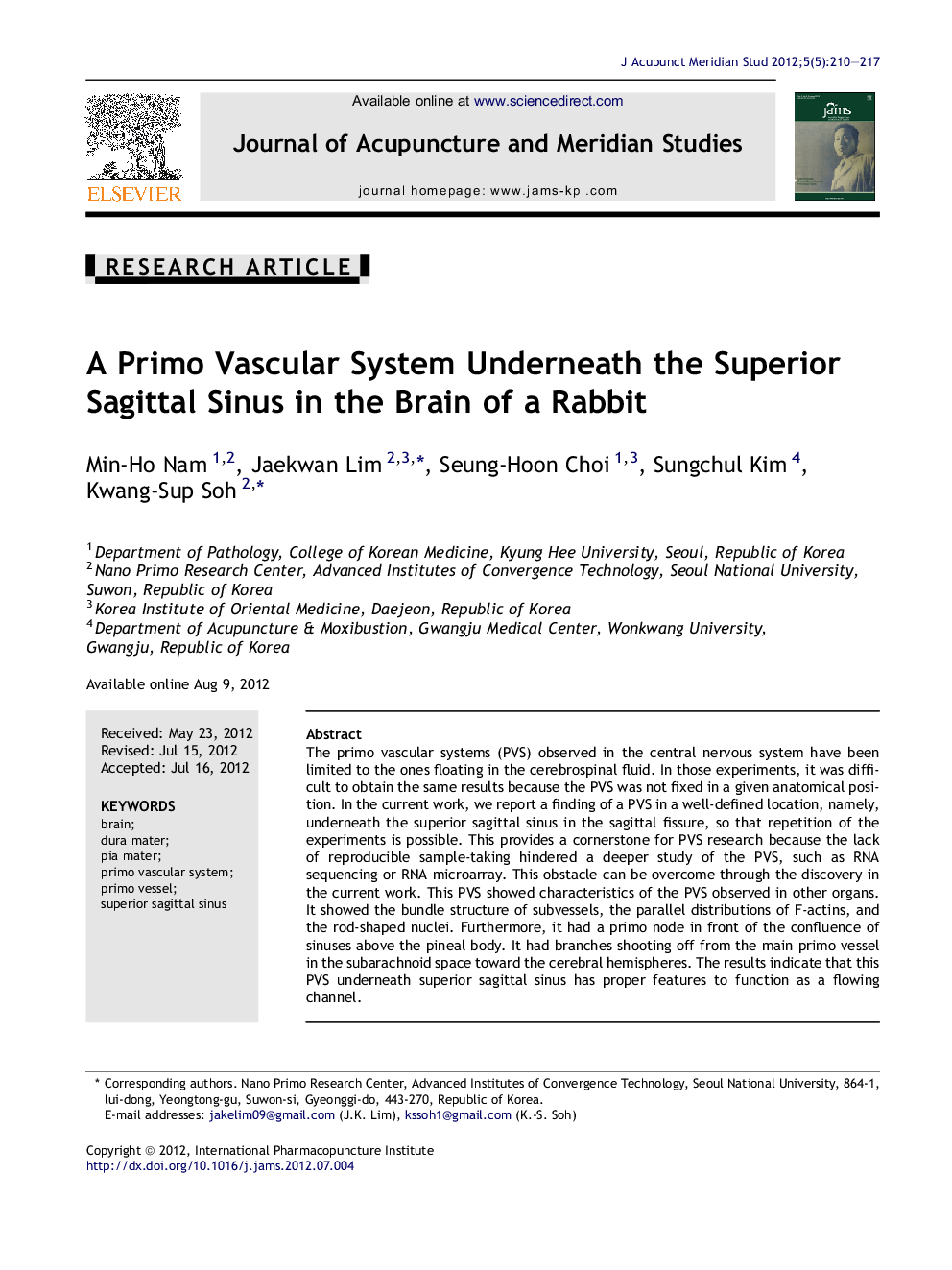 A Primo Vascular System Underneath the Superior Sagittal Sinus in the Brain of a Rabbit