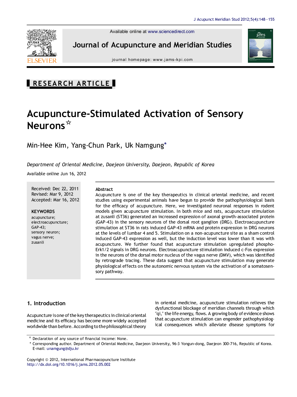 Acupuncture-Stimulated Activation of Sensory Neurons 