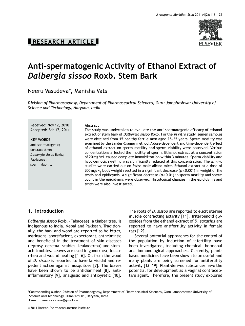 Anti-spermatogenic Activity of Ethanol Extract of Dalbergia sissoo Roxb. Stem Bark