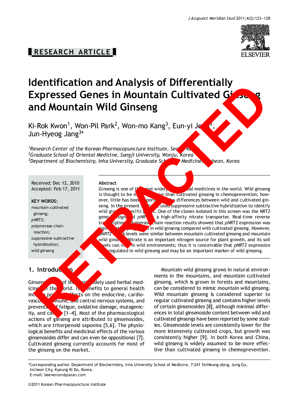 RETRACTED: Identification and Analysis of Differentially Expressed Genes in Mountain Cultivated Ginseng and Mountain Wild Ginseng