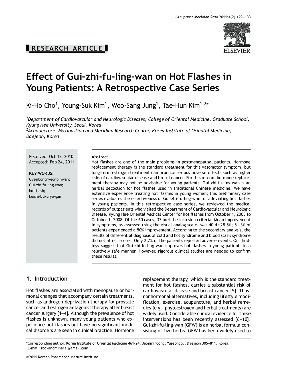 Effect of Gui-zhi-fu-ling-wan on Hot Flashes in Young Patients: A Retrospective Case Series