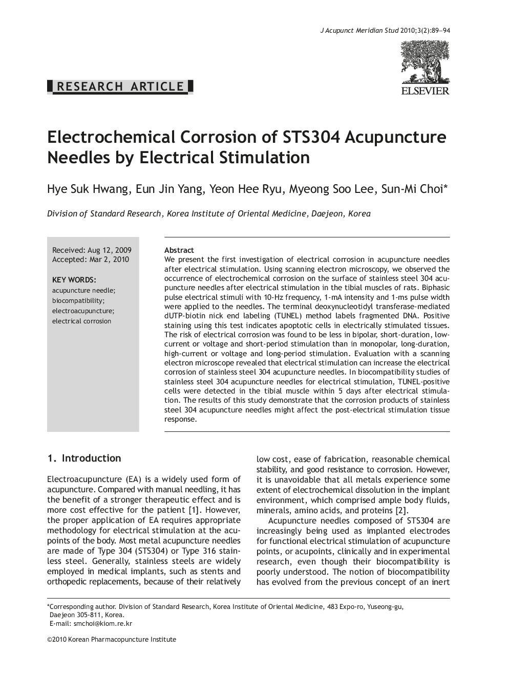 Electrochemical Corrosion of STS304 Acupuncture Needles by Electrical Stimulation