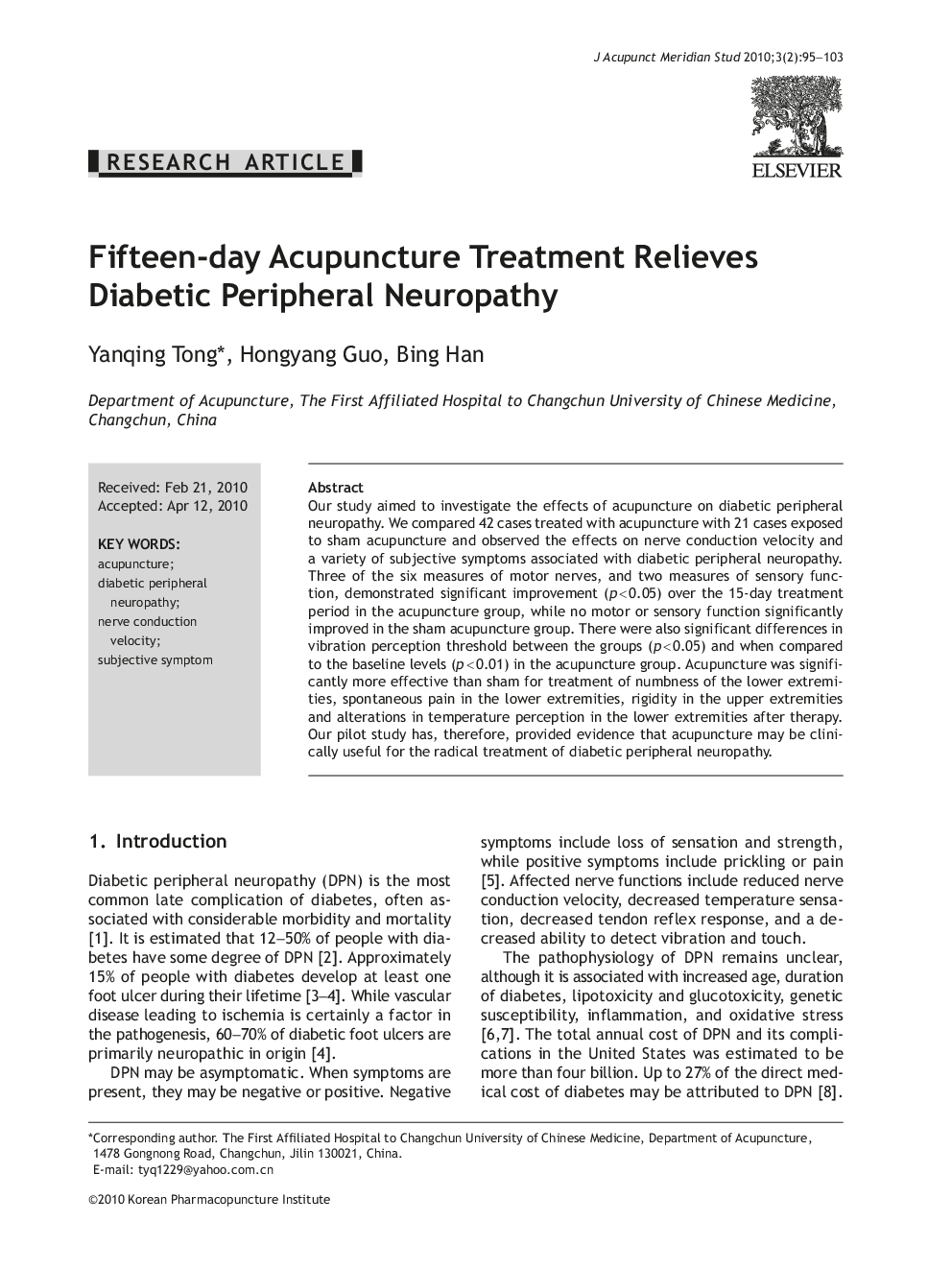 Fifteen-day Acupuncture Treatment Relieves Diabetic Peripheral Neuropathy