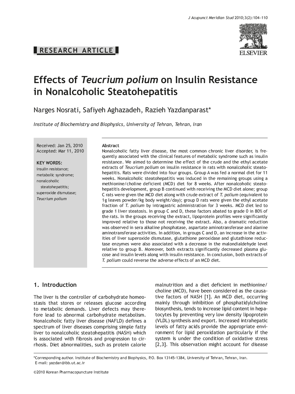 Effects of Teucrium polium on Insulin Resistance in Nonalcoholic Steatohepatitis