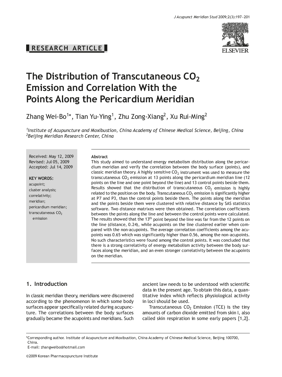 The Distribution of Transcutaneous CO2 Emission and Correlation With the Points Along the Pericardium Meridian