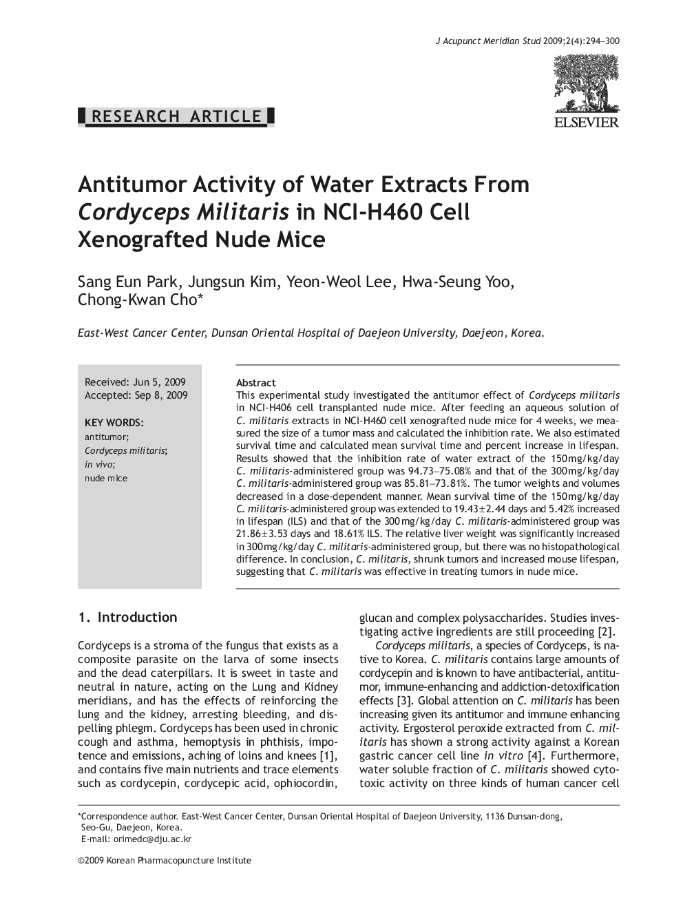 Antitumor Activity of Water Extracts From Cordyceps Militaris in NCI-H460 Cell Xenografted Nude Mice