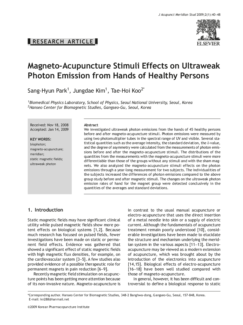 Magneto-Acupuncture Stimuli Effects on Ultraweak Photon Emission from Hands of Healthy Persons