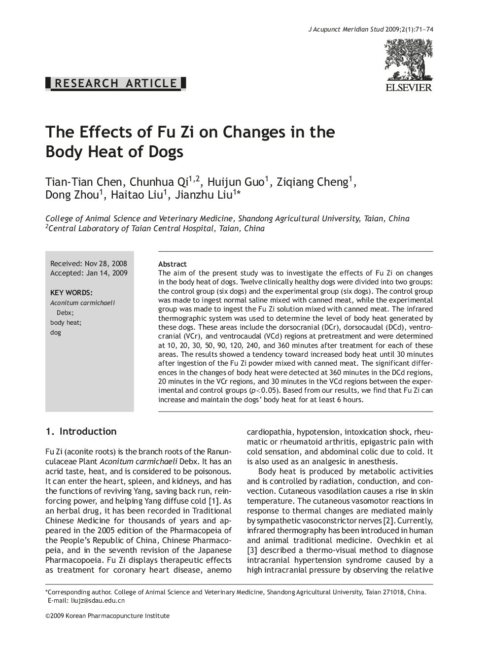 The Effects of Fu Zi on Changes in the Body Heat of Dogs