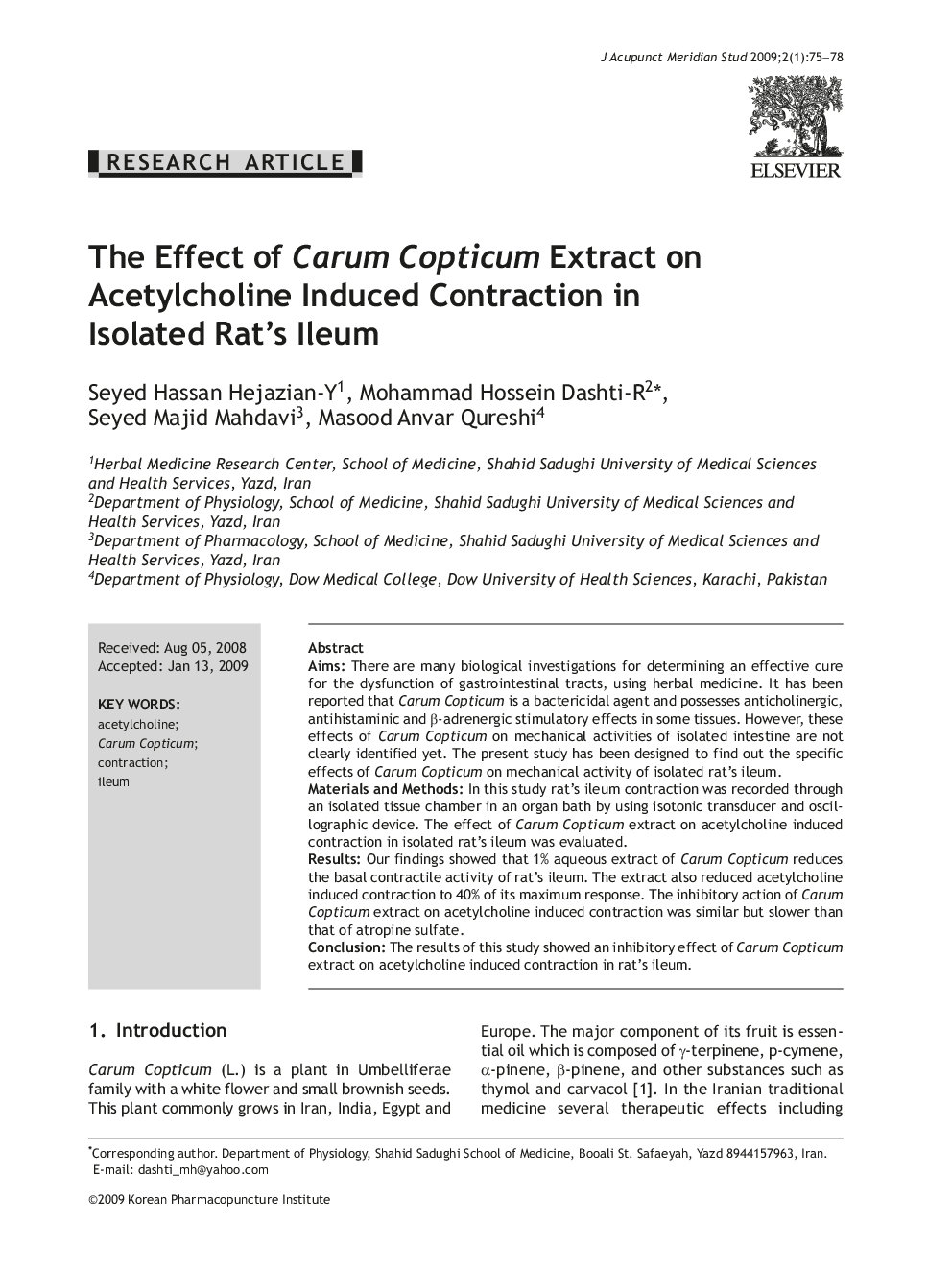 The Effect of Carum Copticum Extract on Acetylcholine Induced Contraction in Isolated Rat's Ileum