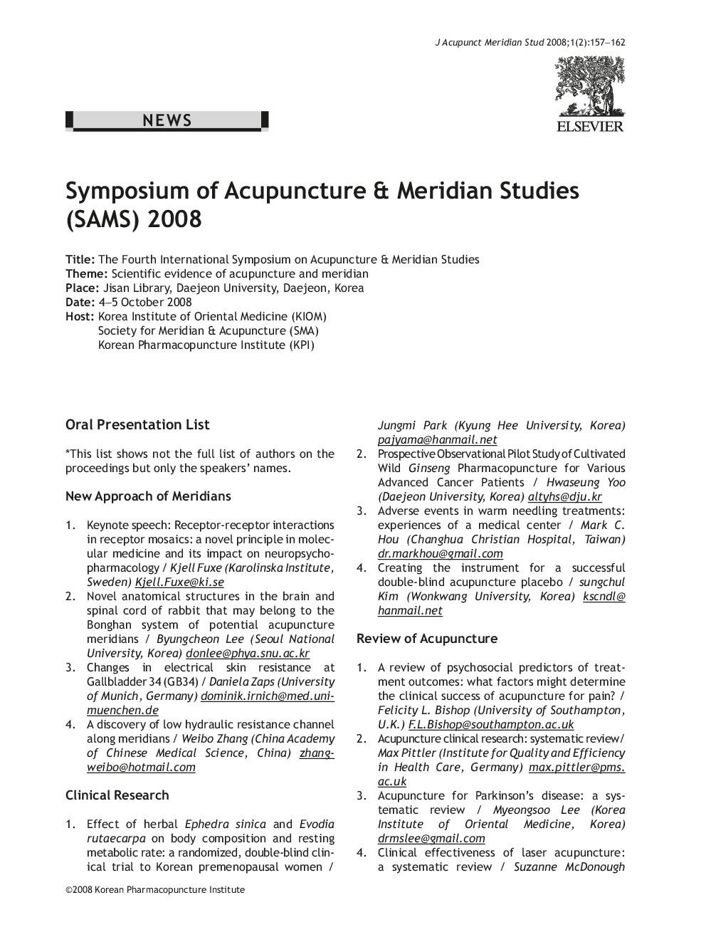 Symposium of Acupuncture & Meridian Studies (SAMS) 2008