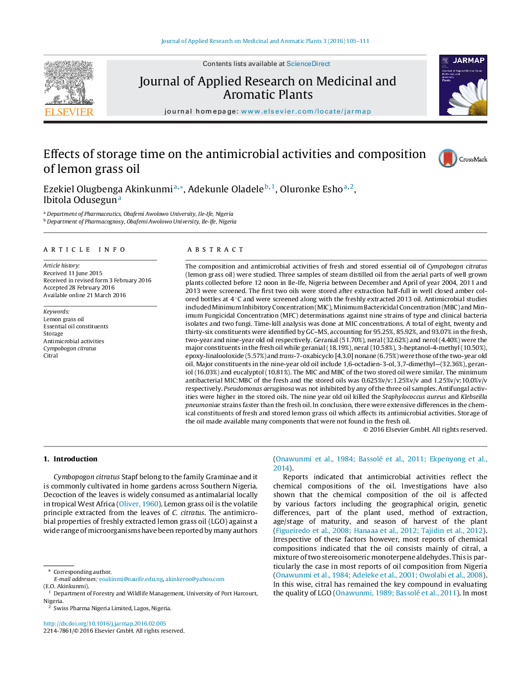 Effects of storage time on the antimicrobial activities and composition of lemon grass oil