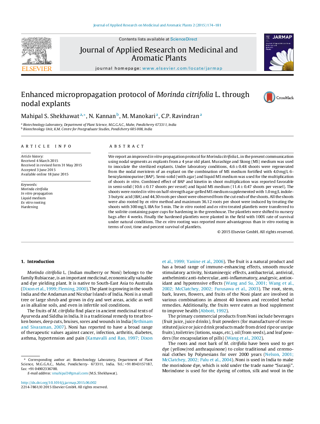 Enhanced micropropagation protocol of Morinda citrifolia L. through nodal explants