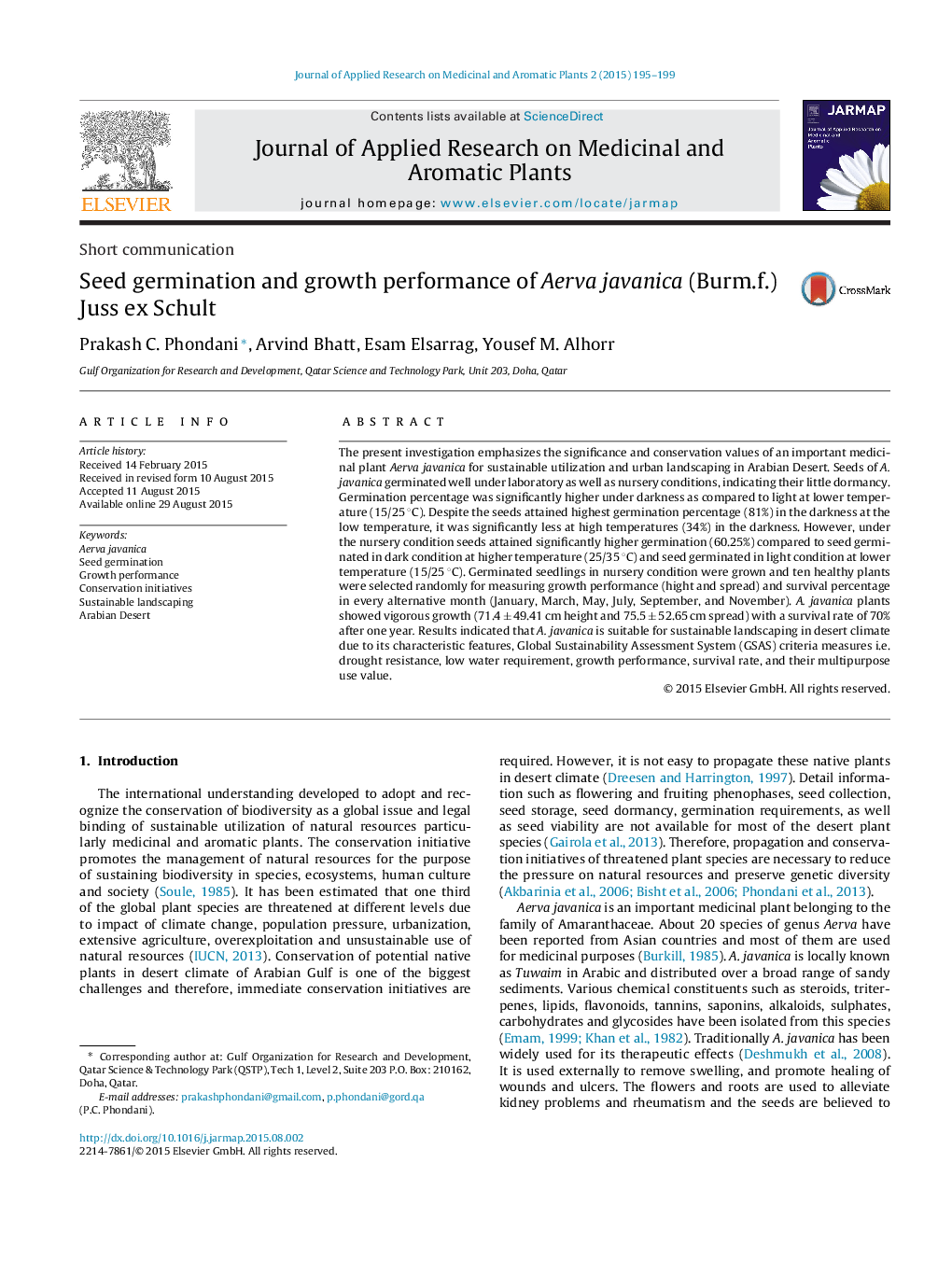Seed germination and growth performance of Aerva javanica (Burm.f.) Juss ex Schult